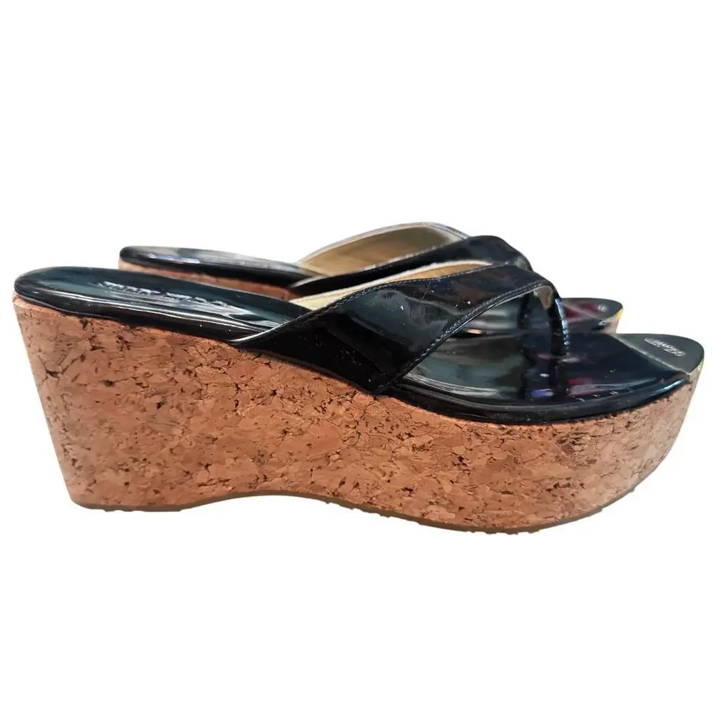 Auth Jimmy Choo Black Patent Leather Cork Wedge Sandals Size 39.5